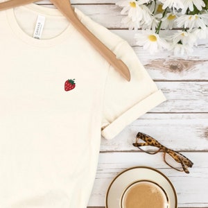 Embroidered strawberry tee, women’s mini strawberry tshirt, stitched fruit top