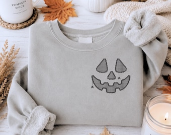 Bluza z haftowaną koronką z dynią, okrągły dekolt Coquette Halloween, sweter w stylu upiornego szyku