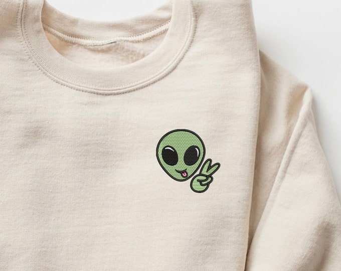Embroidered Alien Peace Sign Sweatshirt: Cosmic Crewneck Pullover
