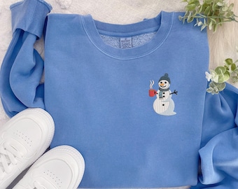 Embroidered Coffee Drinking Snowman Crewneck Sweatshirt