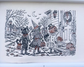 Vintage-Stickdatei im Skizzenstil für die Halloween-Stempelnacht: Downloadbares Halloween-Stickmuster für die Stickmaschine, mehrere Formate enthalten