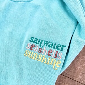 May include: A light blue sweatshirt with the words "Saltwater Seashells Sunshine" embroidered on the front in different colors.