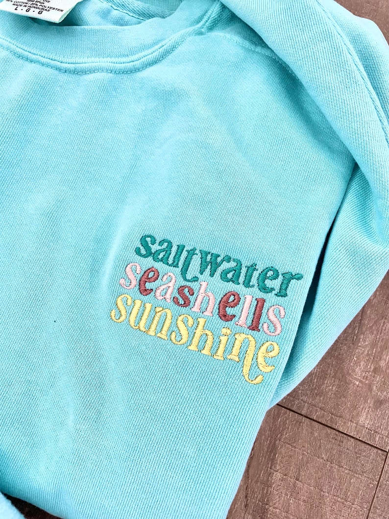 May include: A light blue sweatshirt with the words "Saltwater Seashells Sunshine" embroidered on the front in different colors.