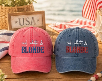 Haftowana czapka w kolorze czerwono-białym i blond, zabawna czapka z okazji 4 lipca, patriotyczna czapka baseballowa, farbowana pigmentem patriotyczna czapka, letnia czapka imprezowa