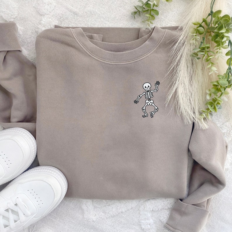Embroidered Dancing Skeleton Sweatshirt: Pigment Dyed Halloween Pullover Cement