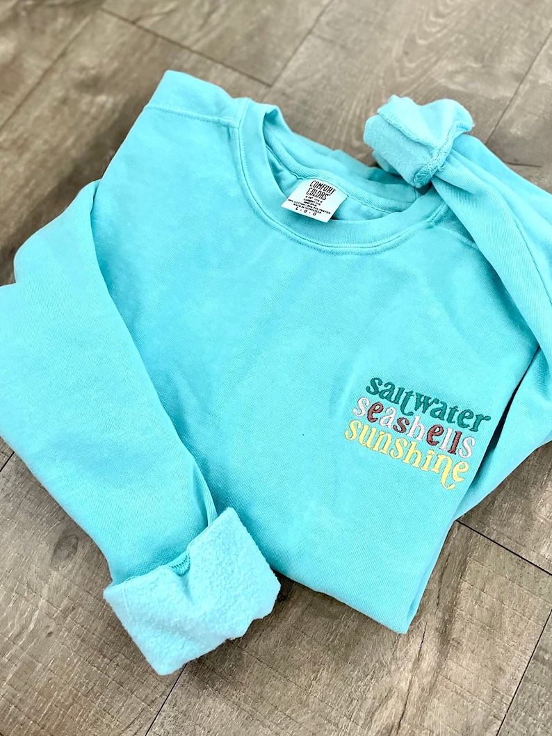 May include: A light blue sweatshirt with the words "saltwater seashells sunshine" embroidered on the front in a rainbow color scheme.