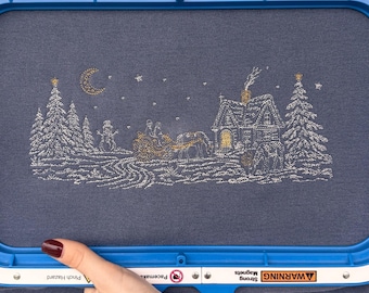 Fichier de broderie style croquis d'un village de Noël classique en hiver : motif de broderie machine téléchargeable, plusieurs formats inclus