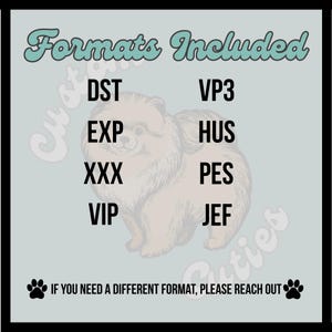 May include: A light blue graphic featuring a Pomeranian dog illustration and the text Formats Included. The list of file formats includes DST, VP3, EXP, HUS, XXX, PES, VIP, and JEF. The bottom text reads IF YOU NEED A DIFFERENT FORMAT, PLEASE REACH OUT.