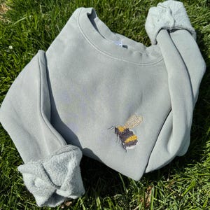 May include: A light green sweatshirt with a yellow and black embroidered bumble bee on the front.