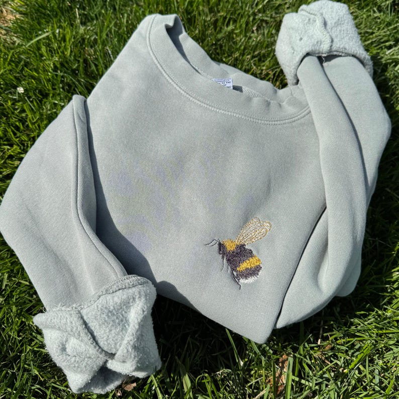 May include: A light green sweatshirt with a yellow and black embroidered bumble bee on the front.