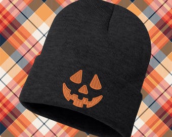 Embroidered Pumpkin Face Beanie