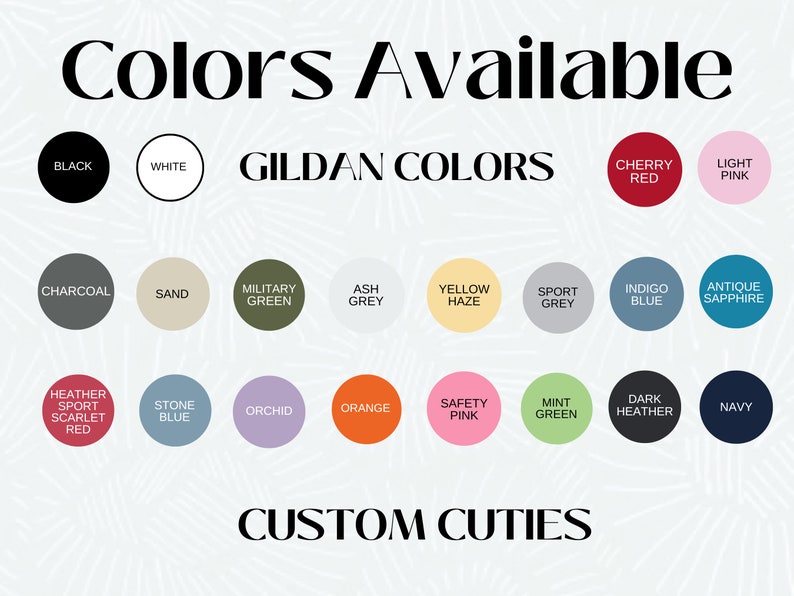 Puede incluir: Un gr&aacute;fico que muestra los diferentes colores disponibles para la ropa Gildan. Los colores incluyen negro, blanco, carb&oacute;n, arena, verde militar, gris ceniza, amarillo neblina, gris deportivo, azul &iacute;ndigo, zafiro antiguo, rojo escarlata deportivo jaspeado, azul piedra, orqu&iacute;dea, naranja, rosa seguridad, verde menta, jaspeado oscuro y azul marino.
