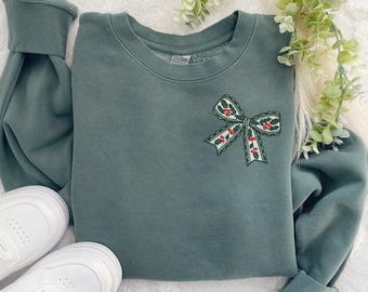 Embroidered Lacy Holly and Berry Bow Crewneck Sweatshirt