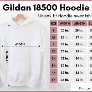 Peut inclure: Sweat-shirt &agrave; capuche unisexe blanc Gildan 18500 avec un tableau des tailles indiquant les mesures en pouces pour la largeur, la longueur et la longueur des manches pour les tailles S &agrave; 5X.  Taille conforme.