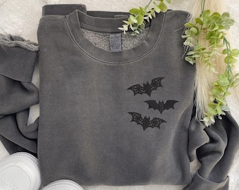 Embroidered Bat Sweatshirt: Lacey Goth Crewneck, Pigment-Dyed Cotton Blend