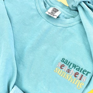 May include: A light blue sweatshirt with the words "saltwater seashells sunshine" embroidered on the front in a colorful, layered font.