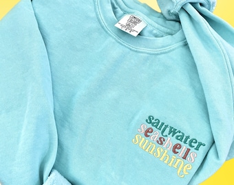 Saltwater, Seashells, Sunshine Embroidered Crewneck Sweatshirt, Trendy Summer Beach Apparel, Beach Lover Gift Ideas, Retro Summertime