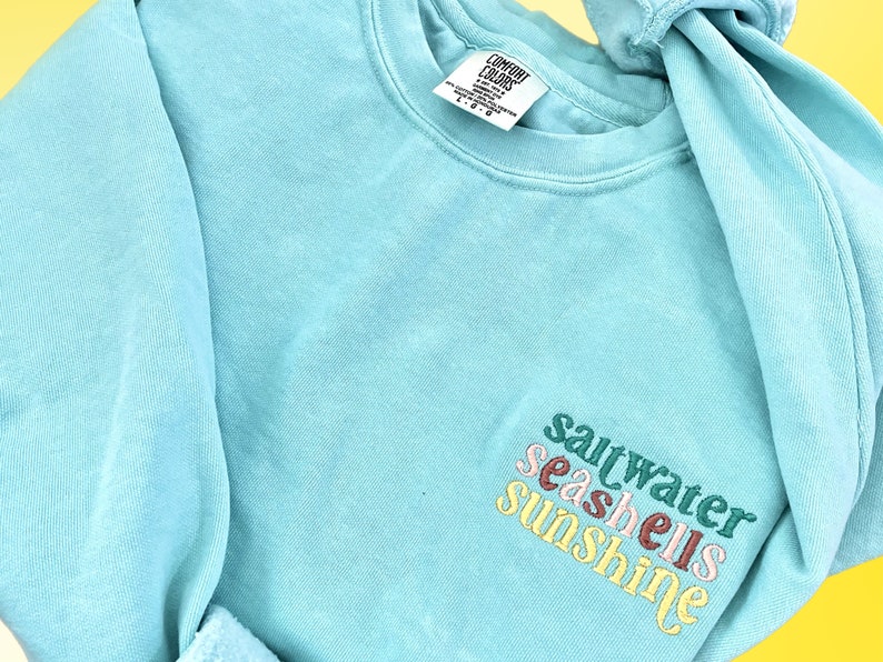 May include: A light blue sweatshirt with the words "saltwater seashells sunshine" embroidered on the front in a colorful, layered font.
