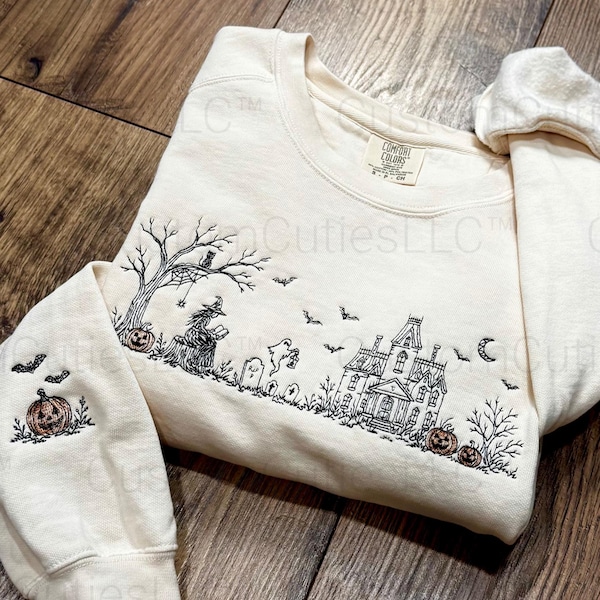 Embroidered Haunted Manor Halloween Sweatshirt: Choose Gildan or Pigment Dyed Vintage Line Art Crewneck, Retro Halloween Scene