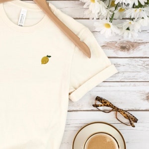 Embroidered lemon tee, Women’s mini lemon stitched tshirt, fruit shirts