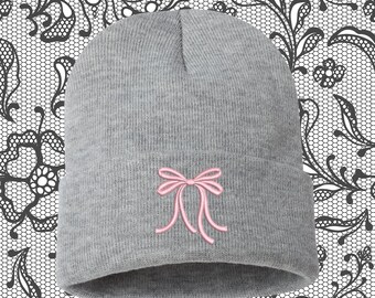 Embroidered Coquette Bow Beanie, Mini Bow Skull Hat, Trendy Gift for Best Friend, Pastel Aesthetic Ribbon Hat, Minimalist Bow Beanie