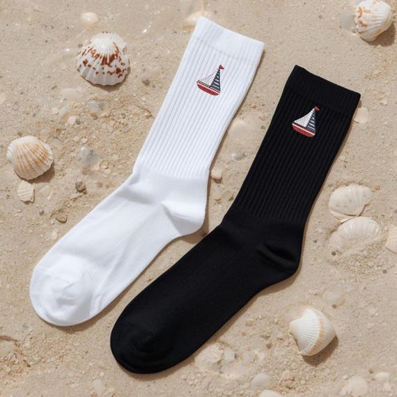 Embroidered Sailboat Socks, Nautical Crew Socks, Coastal Aesthetic Stockings, Yacht Club Style Gifts