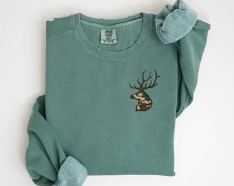 Embroidered Deer Sweatshirt: Camo Buck Crewneck Pullover