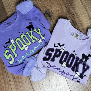 Pode incluir: Duas camisolas de gola redonda em tons de roxo. A camisola da esquerda é roxo escuro com texto verde-limão a dizer SPOOKY season, gráficos de gato preto, fantasmas e morcegos. A camisola da direita é lilás claro com texto preto SPOOKY season.
