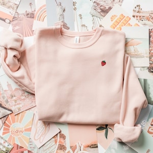 May include: A pale pink sweatshirt with a small embroidered strawberry on the front. The sweatshirt is laid out on a background of colorful patterned paper.