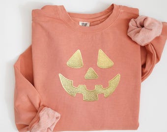 Embroidered Minimalist Pumpkin Face Crewneck Sweatshirt