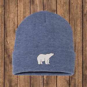 Embroidered Polar Bear Beanie, Arctic Animal Knit Hat, Wildlife Lover Gifts, Nature Enthusiast Gift, Cute White Bear Skull Hat, Alaska Theme
