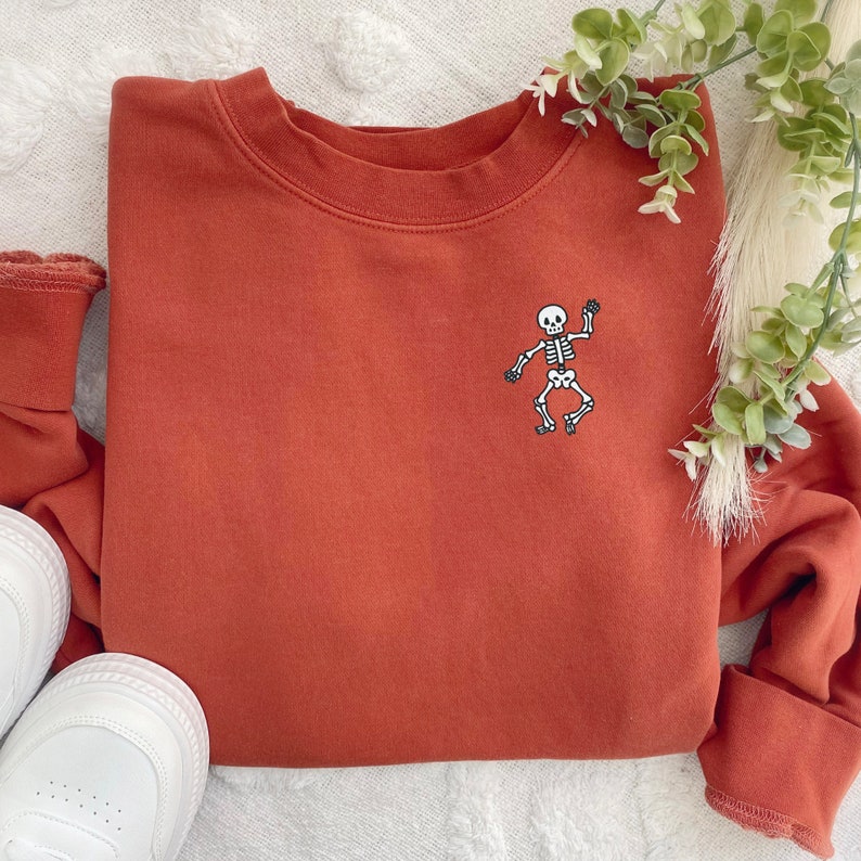 Embroidered Dancing Skeleton Sweatshirt: Pigment Dyed Halloween Pullover Amber