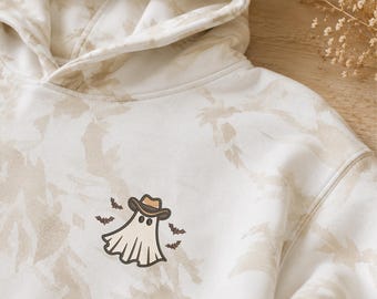 Bluza z kapturem unisex z haftowanym motywem kowbojskiego ducha, oversize'owa bluza w neutralnym kamuflażu na jesień, bluza z kapturem w stylu western na Halloween, sweter na upiorny sezon