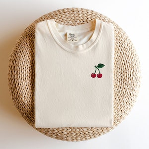 Embroidered Cherry T-shirt, Cute Fruit Top, Cherry Lover Gift, Trendy Fruit Tee, Cherries, Gift For Her, Vacation Beach Top