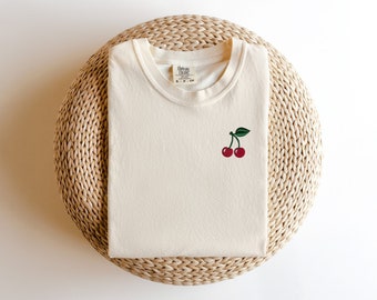 Embroidered Cherry Garment Dyed T-shirt