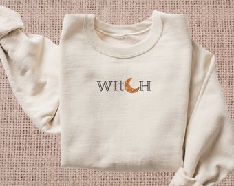Embroidered Witch Sweatshirt, Women's Halloween Sweaters, Witch Crescent Moon Pullover, Wiccan Gifts for Her, Witchy Vibes, Mystical Charm
