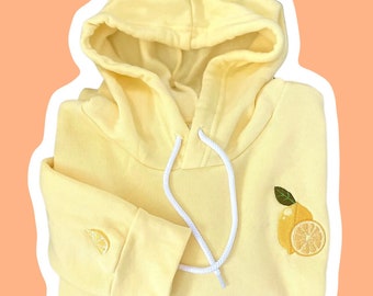 Felpa con cappuccio ricamata al limone da donna, felpa con cappuccio con frutta da donna, felpa unisex, felpa con cappuccio gialla, fetta di limone, felpa con cappuccio con logo ricamato