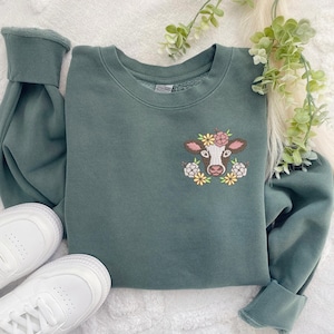 Embroidered Cow Sweatshirt: Pigment-Dyed Vintage Farmcore Crewneck