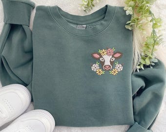 Embroidered Vintage Floral Cow Sweatshirt