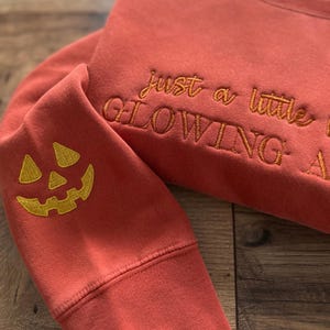 May include: A coral-colored sweatshirt with embroidered text that reads "just a little glowing". The sleeve features a gold embroidered jack-o'-lantern face. The sweatshirt is folded on a wooden surface.