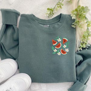 Embroidered Watermelon Sweatshirt: Pigment-Dyed Floral Crewneck