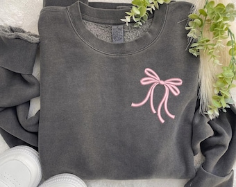 Embroidered Pink Bow Crewneck Sweatshirt