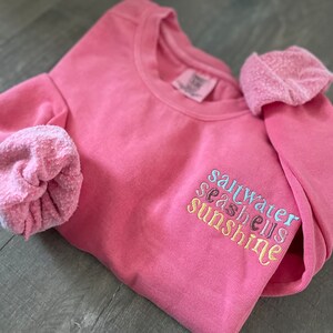 May include: A pink long-sleeved sweatshirt with the words "saltwater", "seashells", and "sunshine" embroidered on the front in rainbow colors.