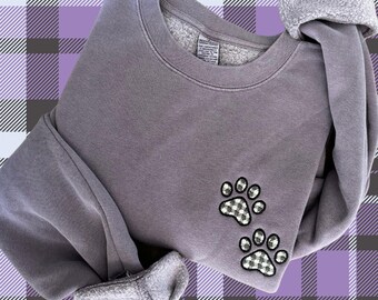 Embroidered Plaid Pawprint Sweatshirt, High Quality Pigment Dyed Sweater, Best Gift for Cat Mom, Stitched Plaid Pawprint Pullover, Dog Mom