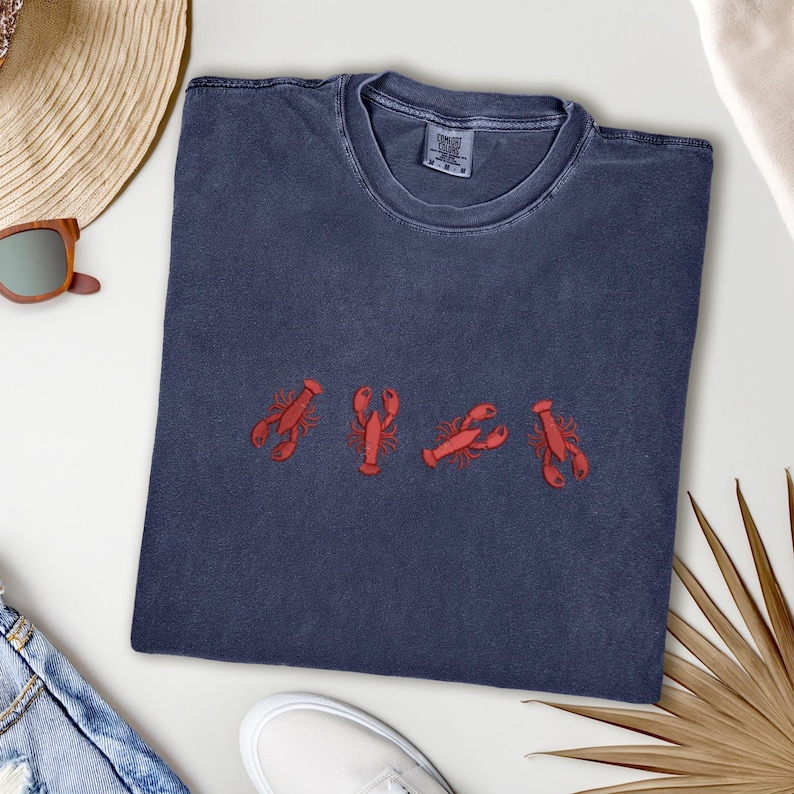 Embroidered Lobster T-Shirt: Coastal Preppy Summer Tee Denim