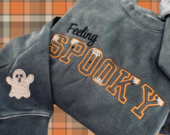 Embroidered Feeling Spooky Halloween Ghost Sweatshirt: Pigment-Dyed Spooky Season Crewneck