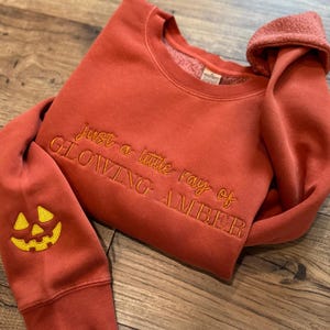 May include: Rust-colored sweatshirt with embroidered text "just a little ray of GLOWING AMBER." The left sleeve features a yellow embroidered jack-o'-lantern face. The sweatshirt is folded on a wooden surface.