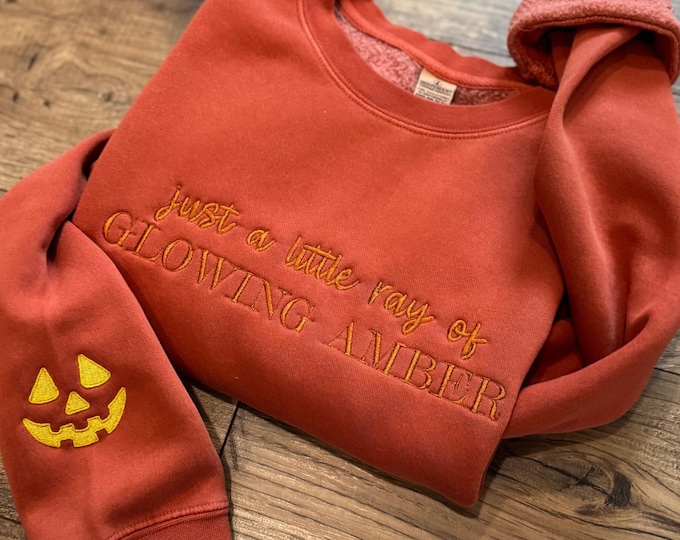 Featured listing image: Embroidered Minimalist Pumpkin Sweatshirt, Stitched Luxury Pigment Dyed Sweater, Trendy Spooky Season Gifts, Funny Poetic Halloween Pullover