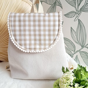 Cream velvet and Vichy cotton nursery or kindergarten backpack