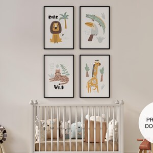 Cute Safari Animals Wall Prints, Safari Animals, Nursery Wall Decor, Kids Prints, Set of 4, Boys Bedroom Print, Digital Download